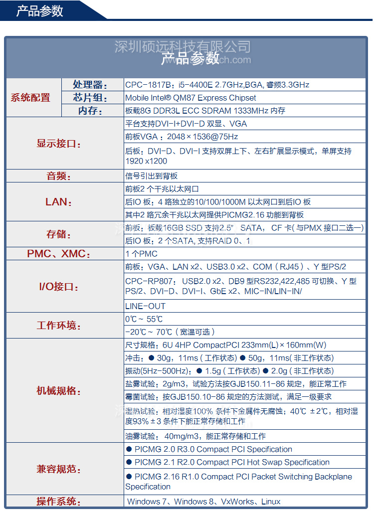 研祥6U COMPACT PCI INTEL 第四代 I7/I5 高性能計(jì)算機(jī)CPC-1817B