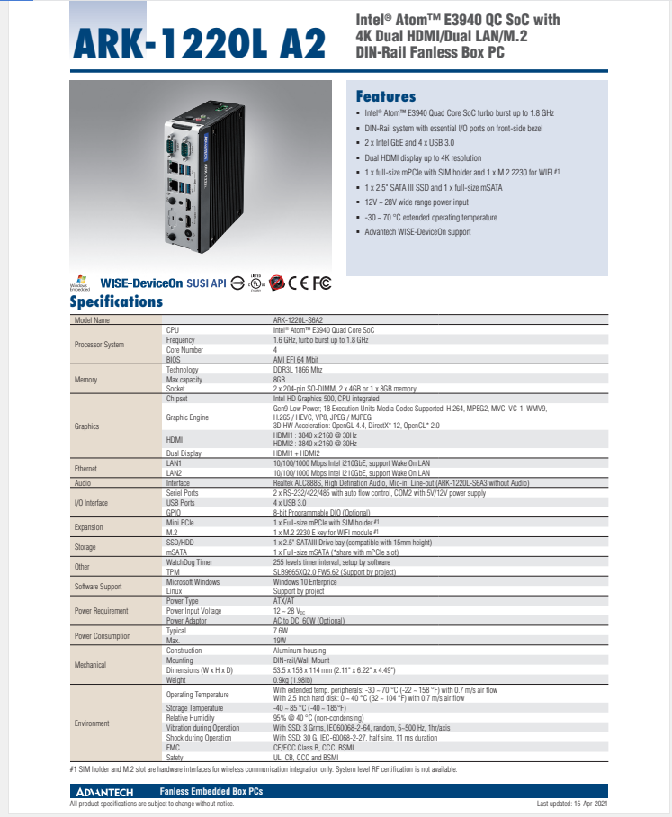 研華無風(fēng)扇嵌入式工控機ARK-1220L