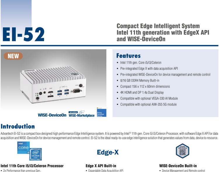 研華EI-52 研華EI-52，邊緣計算系統(tǒng)，支持 Intel 11th gen CPU，可選 Core i5 /i3 /Celeron 處理器，具備豐富擴展接口 2 x LAN，2 x COM，6 x USB等，內部可以通過 miniPCIe 或 M.2 擴展AI加速卡實現(xiàn)工業(yè)AI機器視覺，搭載5G通訊模塊。