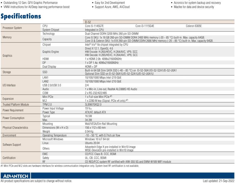 研華EI-52 研華EI-52，邊緣計算系統(tǒng)，支持 Intel 11th gen CPU，可選 Core i5 /i3 /Celeron 處理器，具備豐富擴展接口 2 x LAN，2 x COM，6 x USB等，內部可以通過 miniPCIe 或 M.2 擴展AI加速卡實現(xiàn)工業(yè)AI機器視覺，搭載5G通訊模塊。