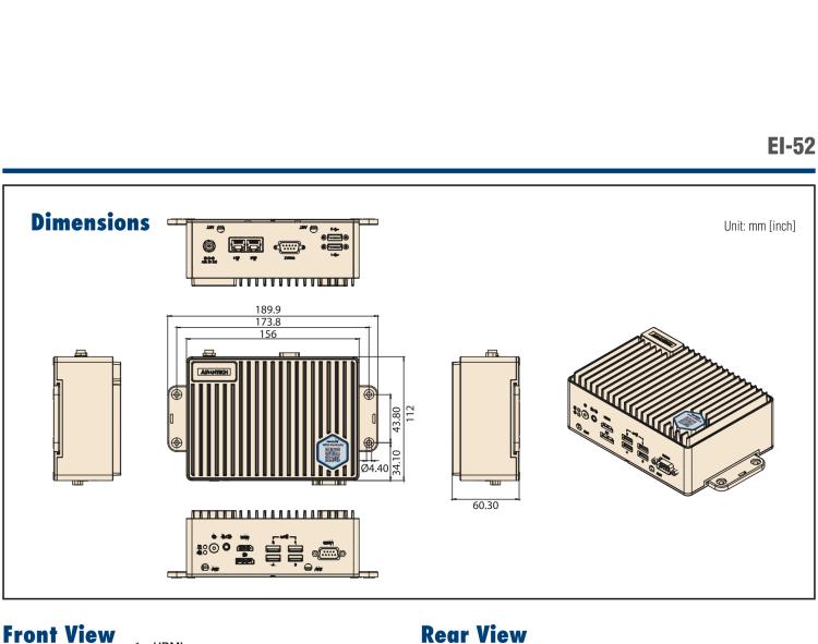 研華EI-52 研華EI-52，邊緣計算系統(tǒng)，支持 Intel 11th gen CPU，可選 Core i5 /i3 /Celeron 處理器，具備豐富擴展接口 2 x LAN，2 x COM，6 x USB等，內部可以通過 miniPCIe 或 M.2 擴展AI加速卡實現(xiàn)工業(yè)AI機器視覺，搭載5G通訊模塊。