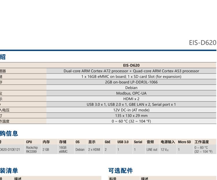 研華EIS-D620 研華EIS-D620，邊緣計(jì)算系統(tǒng)網(wǎng)關(guān)，基于Rockchip RK3399處理器，板載2GB內(nèi)存，16GB eMMC 存儲(chǔ)，低功耗邊緣智能設(shè)備，具備豐富擴(kuò)展接口 2 x LAN，1 x COM，1 x USB，2 x HDMI等，體積非常小巧，適用于邊緣設(shè)備控制及數(shù)據(jù)采集等應(yīng)用場(chǎng)景。