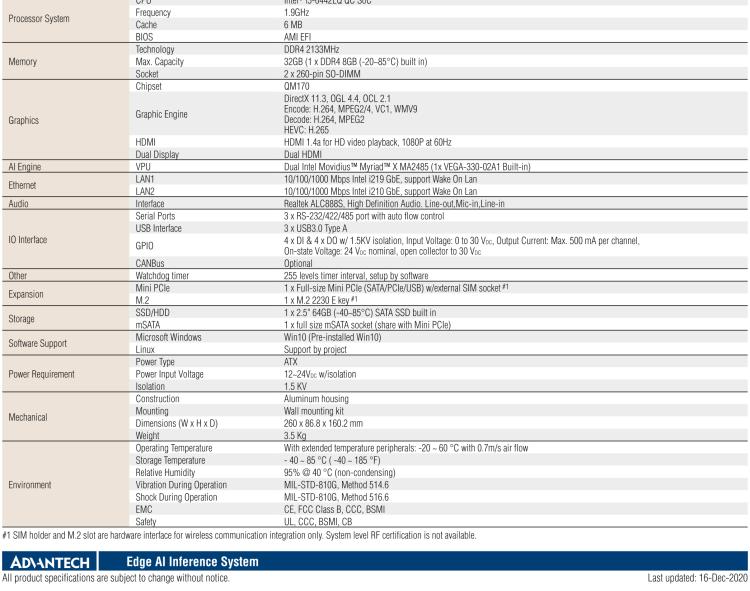 研華AIR-200 基于Intel Core i5-6442EQ處理器，AI計算平臺，內置Myriad X VPU * 2