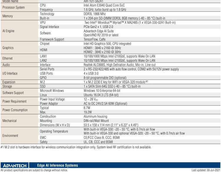 研華AIR-101 基于Intel Atom E3940處理器，AI計算平臺，內(nèi)置Myriad X VPU * 2