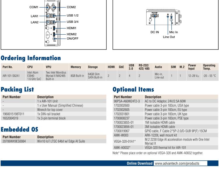 研華AIR-101 基于Intel Atom E3940處理器，AI計算平臺，內(nèi)置Myriad X VPU * 2