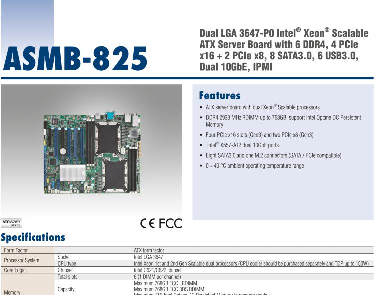 研華ASMB-825 雙路LGA 3647-P0 Intel? Xeon? Scalable ATX 服務(wù)器主板，帶6 個(gè)DDR4, 4 PCIe x16 和 2 個(gè) PCIe x8, 8 個(gè)SATA3, 6 個(gè)USB3.0, Dual 10GbE, IPMI