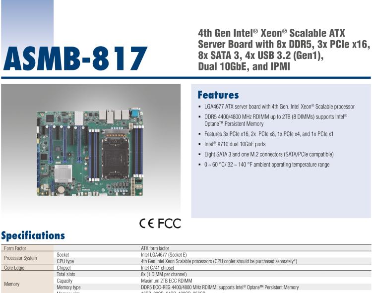 研華ASMB-817 4th Gen Intel? Xeon? Scalable ATX Server Board with 8x DDR5, 3x PCIe x16, 8x SATA 3, 4x USB 3.2 (Gen1), Dual 10GbE, and IPMI