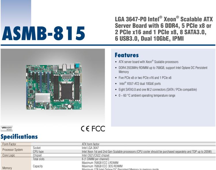 研華ASMB-815 單路LGA 3647-P0 Intel? Xeon? Scalable ATX 服務(wù)器主板，帶 6 個DDR4, 5 個PCIe x8 或者 2 個PCIe x16 和 1個 PCIe x8, 8 個SATA3, 6 個USB3.0, Dual 10GbE, IPMI