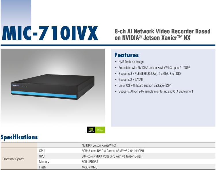研華MIC-710IVX 基于 NVIDIA? Jetson? Xavier NX 8ch AI 系統(tǒng)