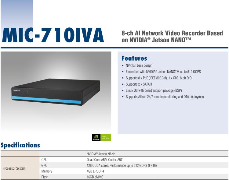 研華MIC-710IVA 基于 NVIDIA? Jetson Nano?平臺8ch AI網(wǎng)絡(luò)視頻記錄器