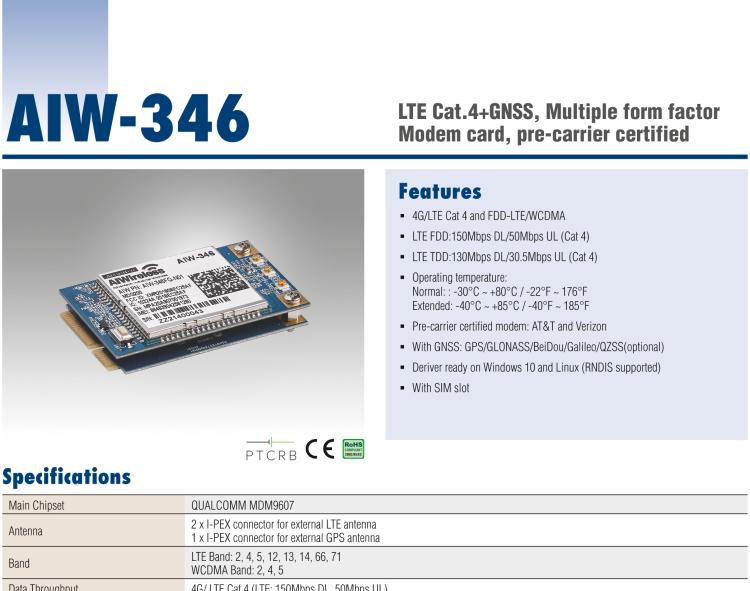 研華AIW-346 預(yù)運營商認(rèn)證嵌入式4G LTE Cat 4調(diào)制解調(diào)器