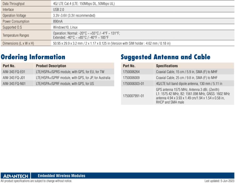 研華AIW-343 4G模組，使用MINI-PCIE規(guī)范接口，支持4G LTE CAT4：TDD LTE/FDD LTE/WCDMA/GSM和GPS。