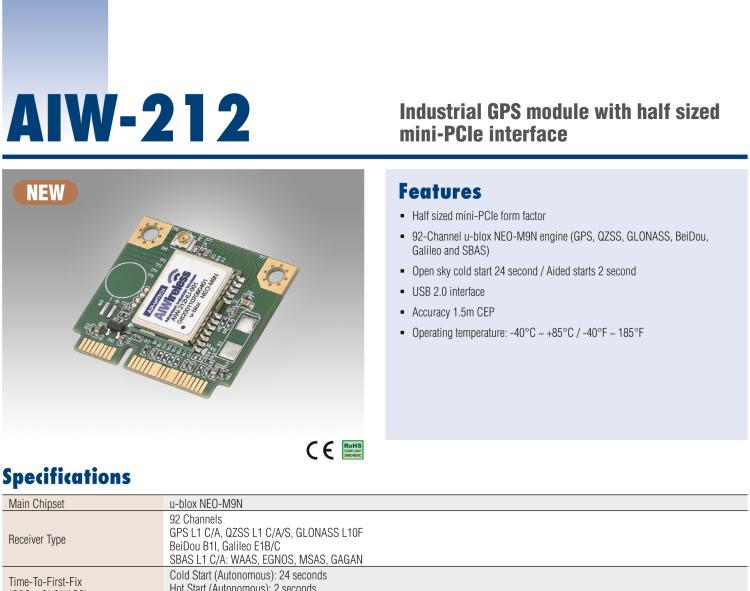 研華AIW-212 工業(yè)級(jí) GNSS（GPS、GLONASS、BeiDou、Galileo、QZSS和SBAS）模塊，半尺寸 mini-PCIe 規(guī)格。