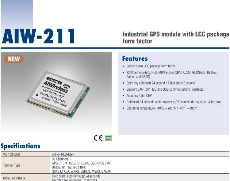 研華AIW-211 帶郵票型接口的工業(yè)級 GNSS（GPS、GLONASS、BeiDou、Galileo、QZSS和SBAS）模塊。