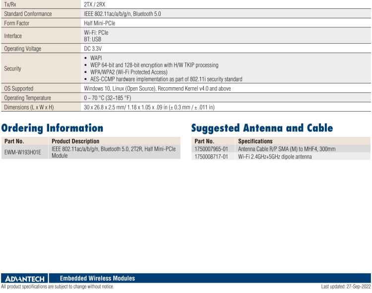 研華EWM-W193 IEEE 802.11ac + 藍(lán)牙5.0 Half Mini-PCIe模塊