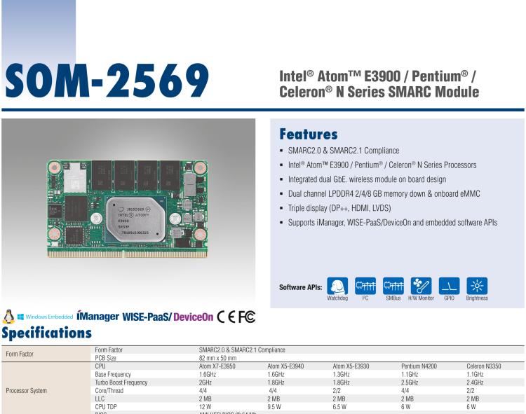 研華SOM-2569 Intel?Pentium?/賽揚?N4200系列和Atom系列SMARC模塊