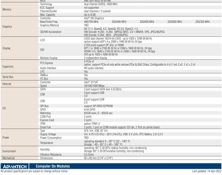 研華SOM-6868 Intel? Pentium?/Celeron? N3000 系列和 Atom ? SoC，COM Express Express Type 6 模塊