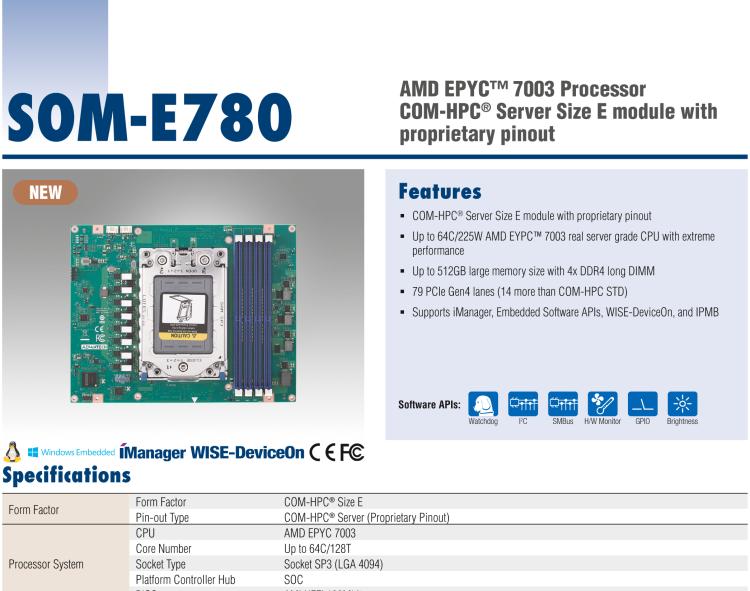 研華SOM-E780 AMD EPYC? 7003 COM-HPC? Server Size E 模塊，具有專(zhuān)有引腳