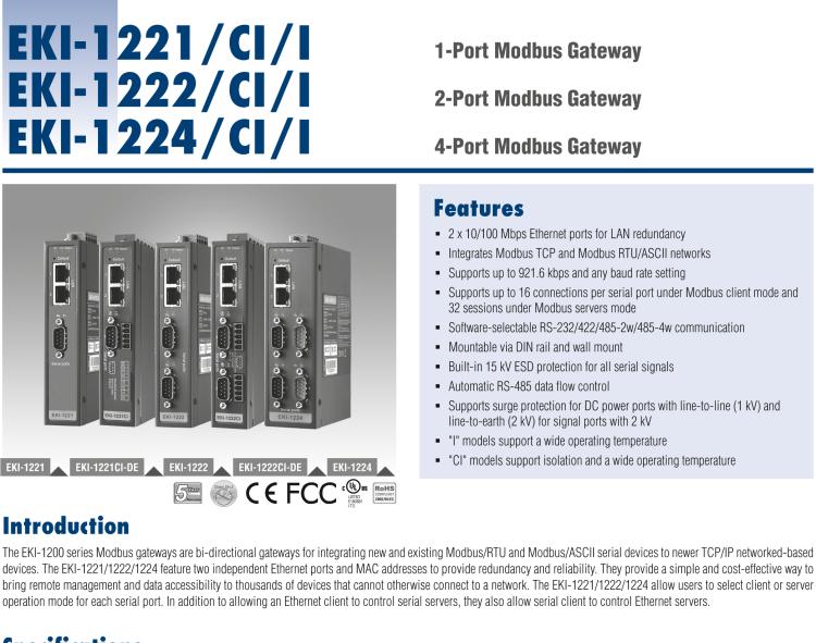 研華EKI-1221CI 隔離式寬溫型 1端口Modbus數(shù)據網關