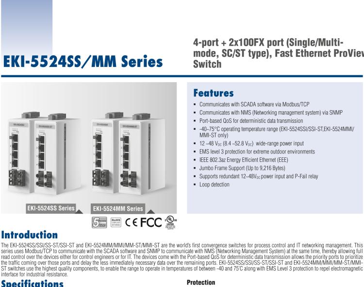 研華EKI-5524MMI 2光4電百兆ProView(組態(tài))系列工業(yè)以太網(wǎng)交換機(包含單模/多模、SC/ST接口)