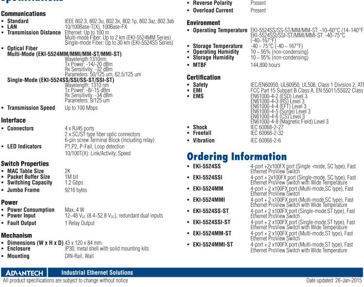 研華EKI-5524SSI 2光4電百兆ProView(組態(tài))系列工業(yè)以太網(wǎng)交換機(jī)(包含單模/多模、SC/ST接口)