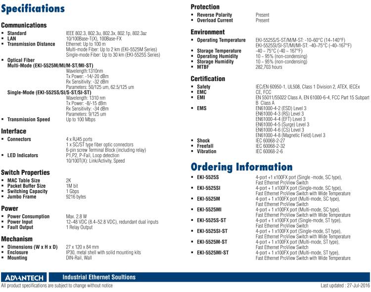 研華EKI-5525MI 1光4電百兆ProView(組態(tài))系列工業(yè)以太網(wǎng)交換機(jī)（包含單模/多模、SC/ST接口）