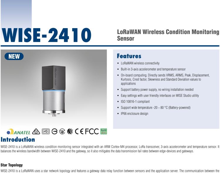 研華WISE-2410 WISE-2410是LoRaWA N無線振動溫度監(jiān)控傳感器，電池使用周期為2年。