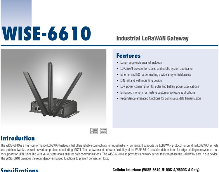 研華WISE-6610-A500 Hardened LoRaWAN 8-Channel Gateway AS 923 MHz - Support 500 nodes