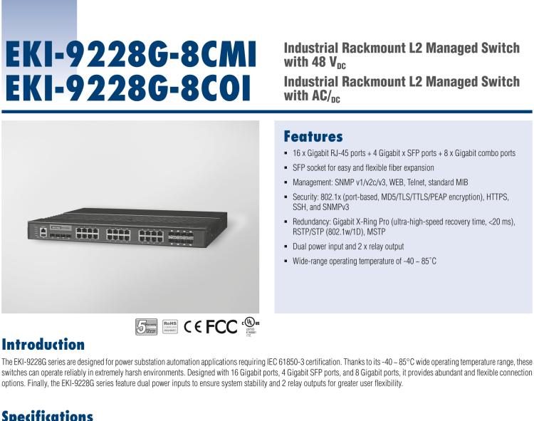 研華EKI-9228G-8COI IEC61850-3 20GE + 8GE Combo L2 Managed Switch, 90 ~ 264VAC/88 ~ 370VDC