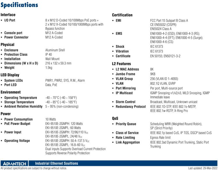 研華EKI-9510E-2GMPL 10個百兆M12 POE端口網(wǎng)管EN50155交換機(jī)， 支持24/48 VDC供電