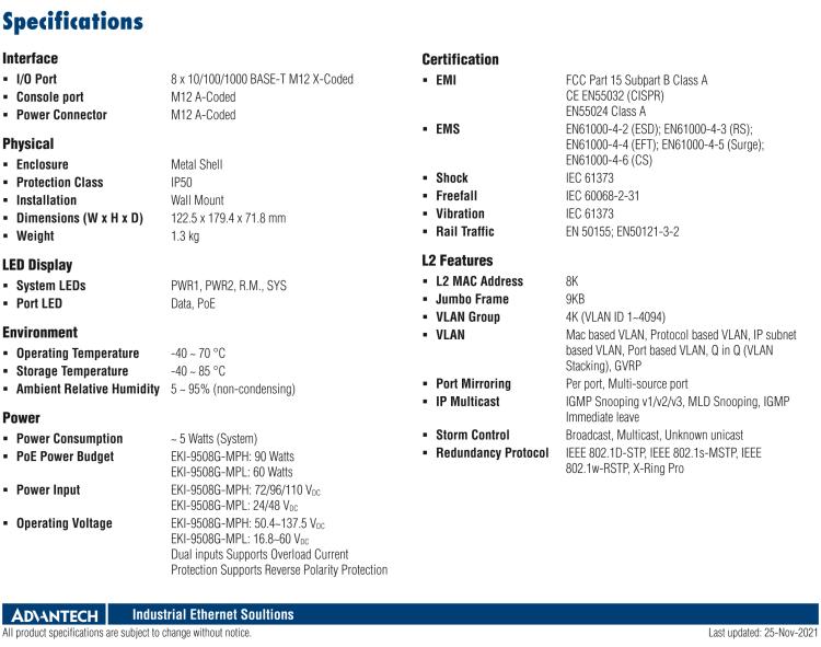 研華EKI-9508G-MPH 8個千兆M12 POE端口非網(wǎng)管EN50155交換機， 支持72/96/110 VDC供電