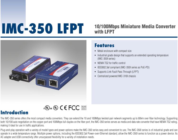 研華IMC-350-SFP-PS-A 緊湊型光電轉(zhuǎn)換器，100Base-TX/FX，SFP，AC適配器（也被稱為BB-855-10619）