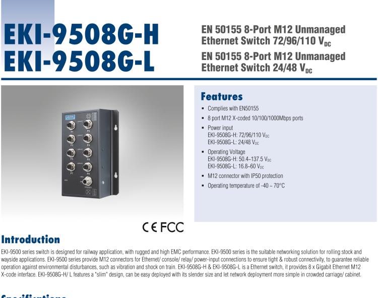 研華EKI-9508G-H 8個千兆M12端口非網(wǎng)管EN50155交換機(jī)， 支持72/96/110 VDC供電