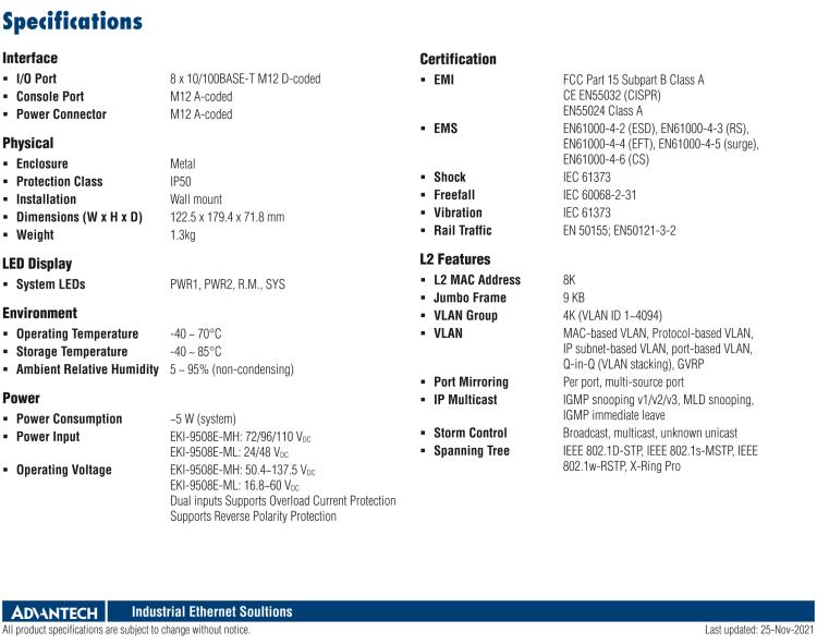 研華EKI-9508E-MH 8個(gè)百兆M12端口非網(wǎng)管EN50155交換機(jī)， 支持72/96/110 VDC供電