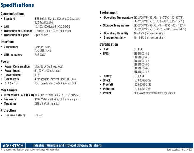 研華EKI-2701MPI-5G Hardened multi-speed Mega PoE Injector