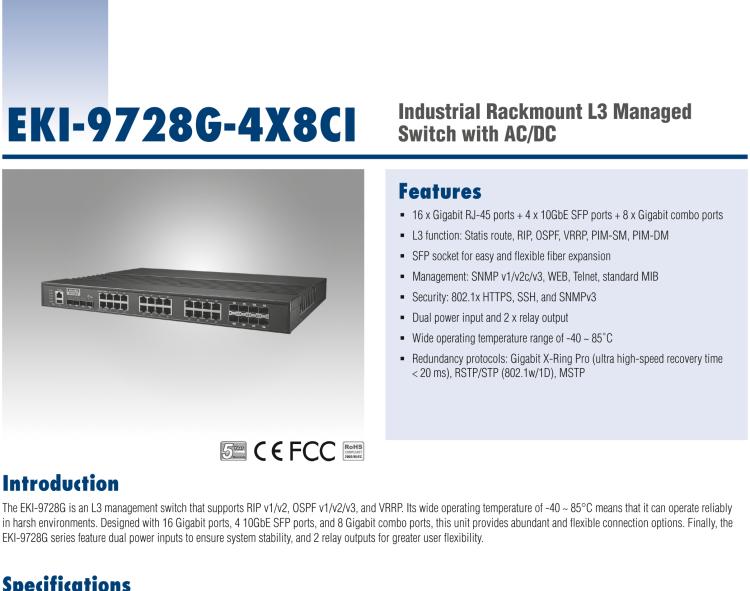 研華EKI-9728G-4X8CI 4 x 10GbE + 16GE + 8GE Combo L3 Managed Ethernet Switch, -40~85℃