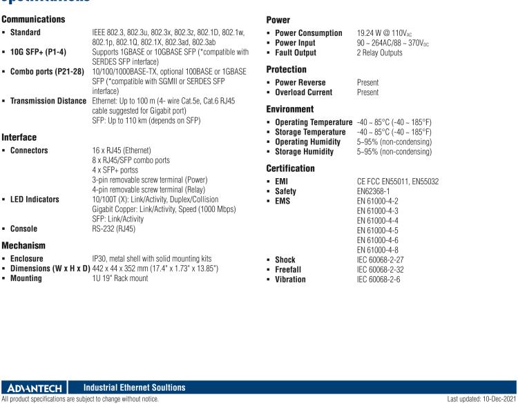 研華EKI-9728G-4X8CI 4 x 10GbE + 16GE + 8GE Combo L3 Managed Ethernet Switch, -40~85℃