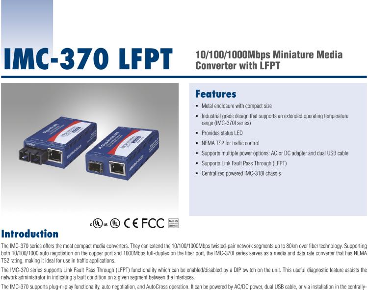 研華IMC-370-SM-B Miniature Media Converter, 1000TX/SX, Single-mode 1310nm, LFPT, 10km, SC type, w/o AC adapter