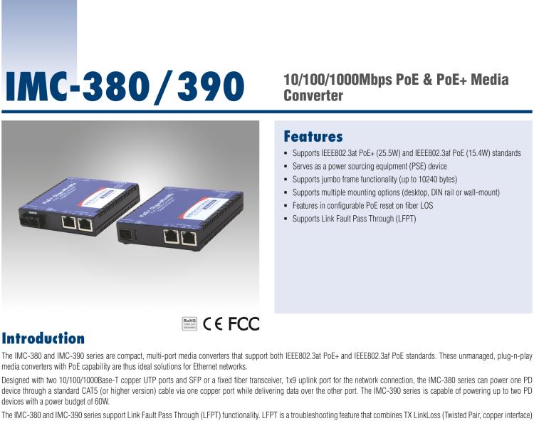 研華IMC-390-SE-PS Mini PoE+ Media Converter, 1000Mbps, Single mode 1310nm, 40km, SC, AC adapter w/o power cord