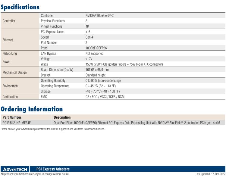 研華PCIE-5421 Dual Port Fiber 100GbE Ethernet PCI Express Data Processing Unit with NVIDIA? BlueField?-2