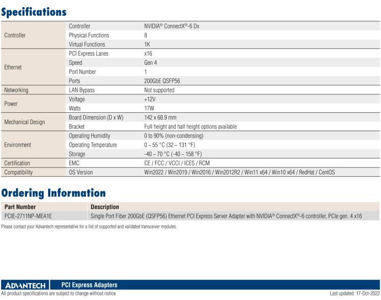 研華PCIE-2711 Single Port Fiber 200GbE Ethernet PCI Express Server Adapter with NVIDIA? ConnectX?-6