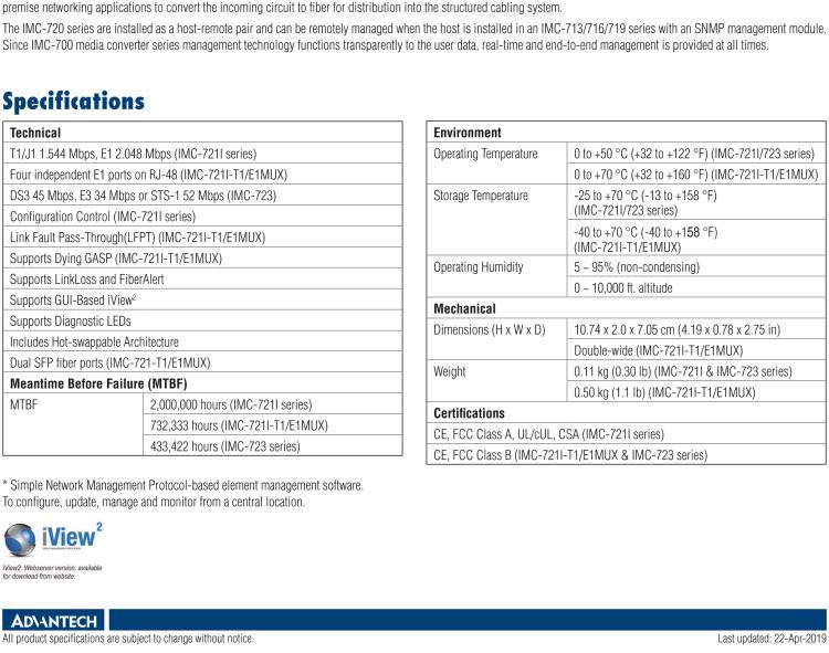 研華IMC-721I-MMST Managed Hardened Modular Media Converter, DS1, Multimode 1300nm, 40km, ST (also known as iMcV 850-18103)