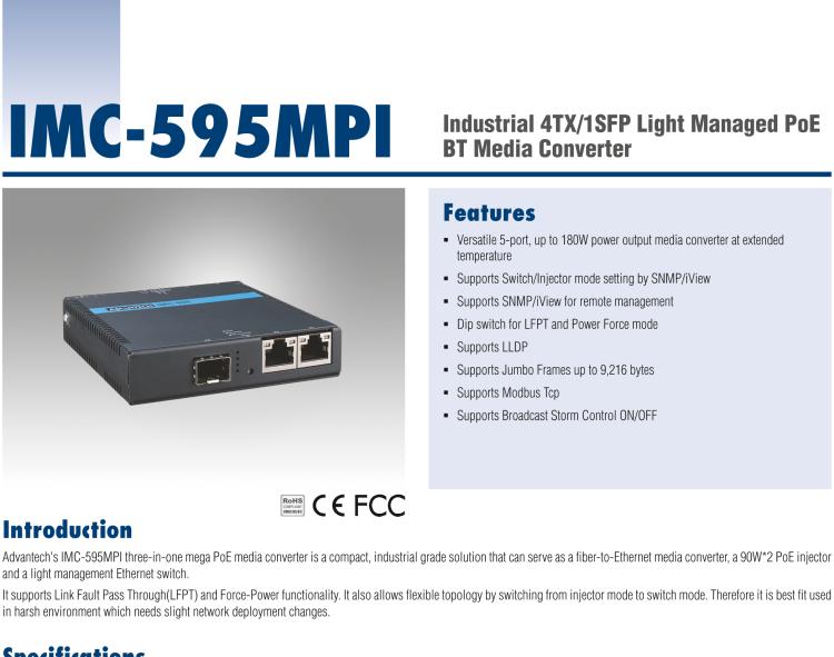 研華IMC-595MPI Industrial 4TX/1SFP Light Managed PoE BT Media Converter