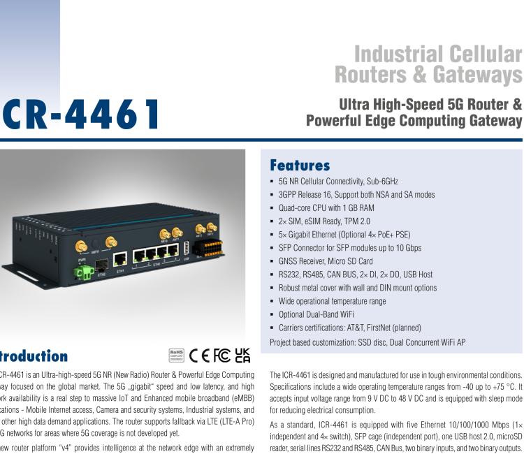 研華ICR-4461W3 ICR-4400, GLOBAL, NAM, 5x Ethernet, 1x RS232, 1x RS485, CAN, Wi-Fi, SFP, USB, SD, Without Accessories