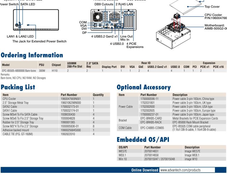 研華EPC-B5505 適配Intel? 第6/7代 Core ? i/Xeon E3系列處理器，搭載H110芯片組。標(biāo)準(zhǔn)4U上架，廣泛適用于各種行業(yè)。