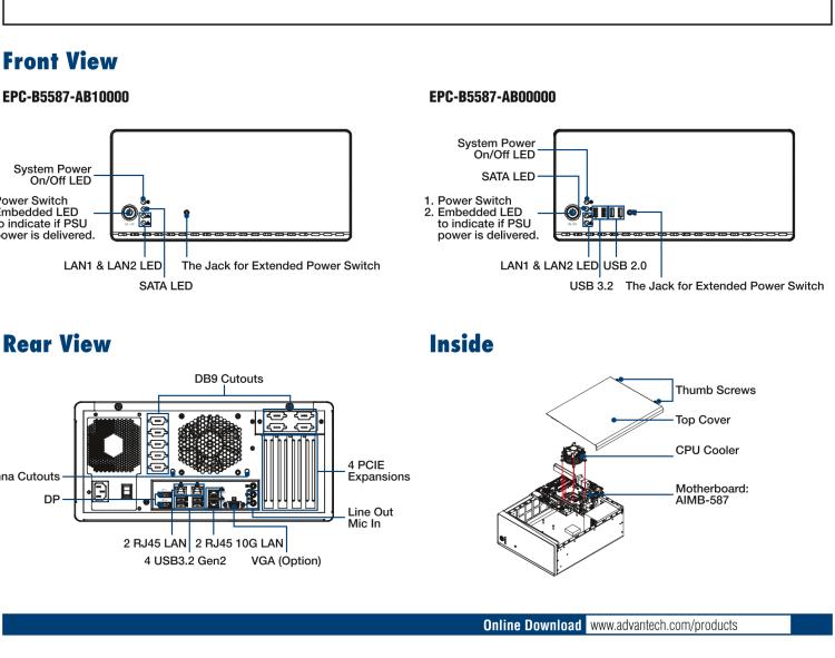 研華EPC-B5587 適配Intel? 第10代 Core i / Xeon W系列處理器，搭載W480E芯片組。標準4U上架，工業(yè)級品質(zhì)，穩(wěn)定可靠。廣泛適用于高端AI服務(wù)器等應(yīng)用。