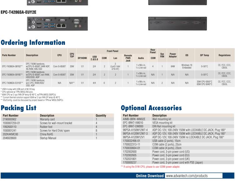 研華EPC-T4286 適配Intel? 第8/9代 Core? i 系列處理器，搭載H310芯片組。1U超薄高度，性能強勁。