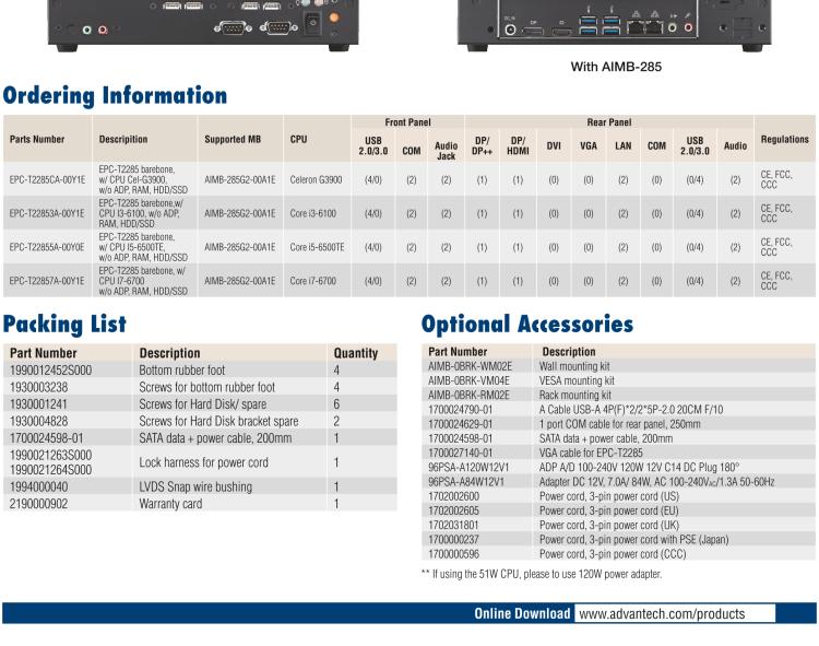 研華EPC-T2285 適配Intel? 第6/7代 Core? i 系列處理器，搭載H110芯片組。1U超薄高度，性能強勁。