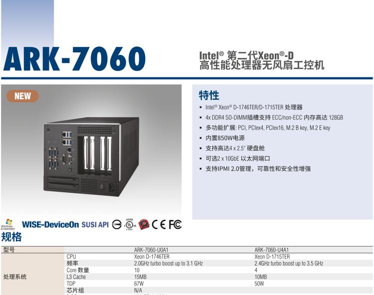 研華ARK-7060 搭載Intel二代Xeon D-1700高性能處理器系統(tǒng)，具有3個擴展插槽