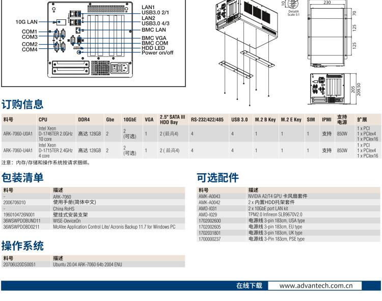 研華ARK-7060 搭載Intel二代Xeon D-1700高性能處理器系統(tǒng)，具有3個擴展插槽